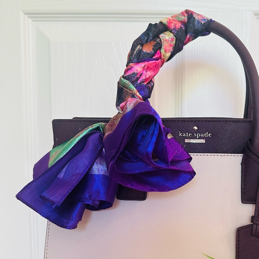 KATE SPADE ~ Two-Tone Cream, Dark Purple, and Lavender Satchel w/Colorful Scarf - Picture 11 of 14